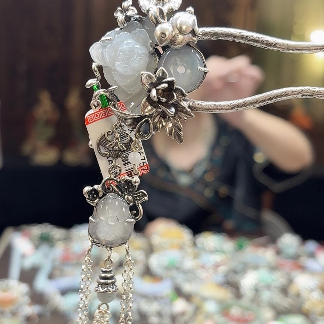 翡翠银S925镶嵌发簪发簪