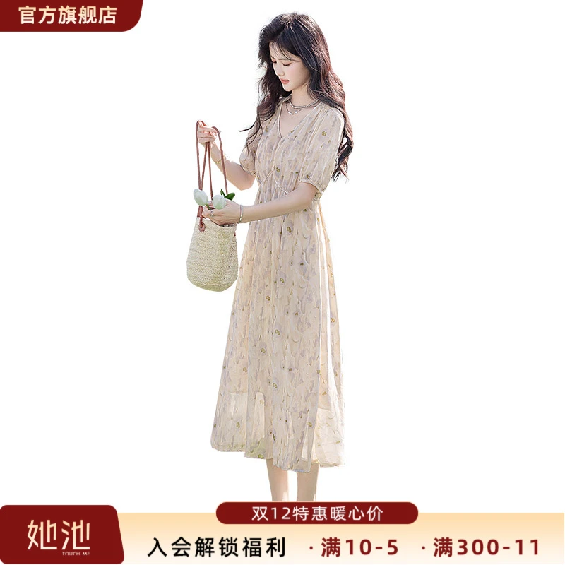 2025夏装新款女装甜美温柔泡泡袖法式中长款碎花连衣裙S52B1639L