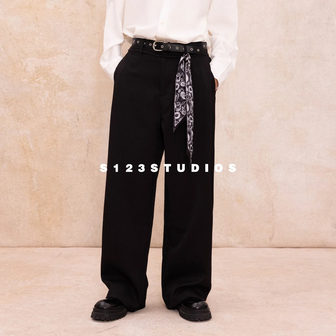 聪明陈 美式休闲腰果花丝巾腰带装饰直筒长裤男宽松阔腿裤西裤