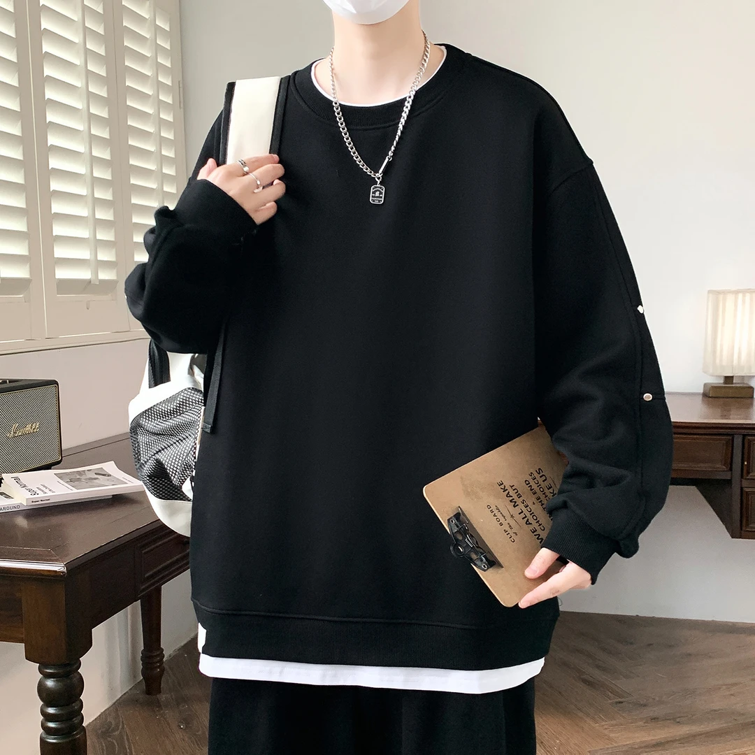 青少年春秋季新款潮流美式简约休闲宽松上衣男百搭假两件圆领卫衣