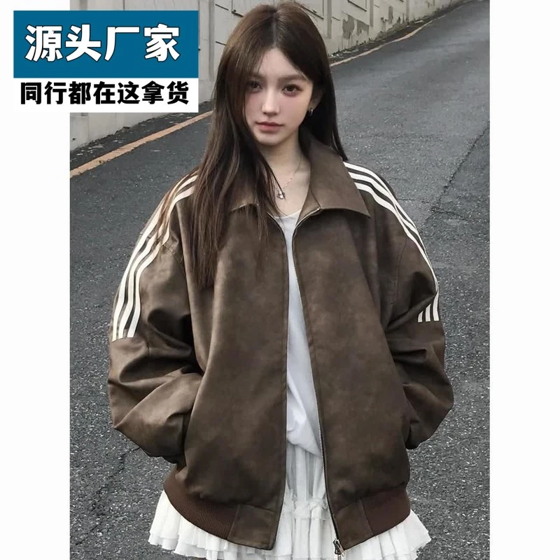 梵乐芬美式复古条纹设计感PU皮夹克上衣2025秋季新款宽松百搭翻领