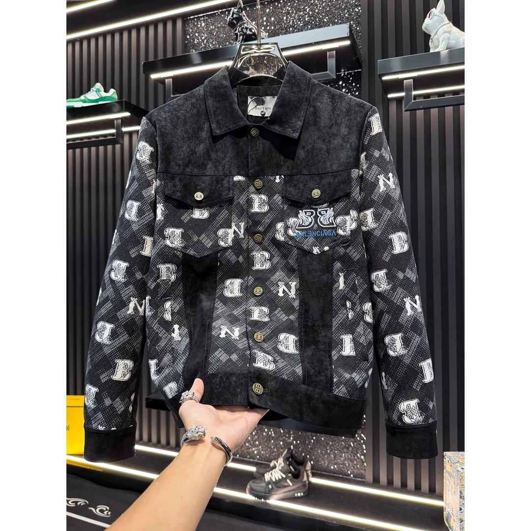 欧货男士刺绣拼接字母翻领外套2025新款秋季潮牌轻奢休闲男夹克男