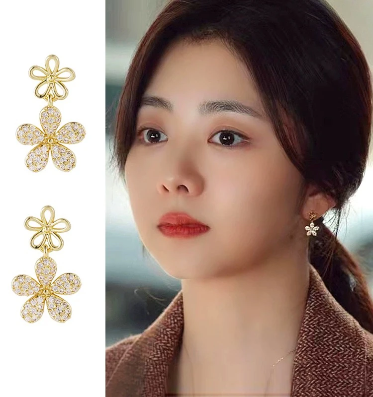 铜合金耳饰 谭松韵同款耳夹无耳洞女小众设计感金色花朵锆石耳坠