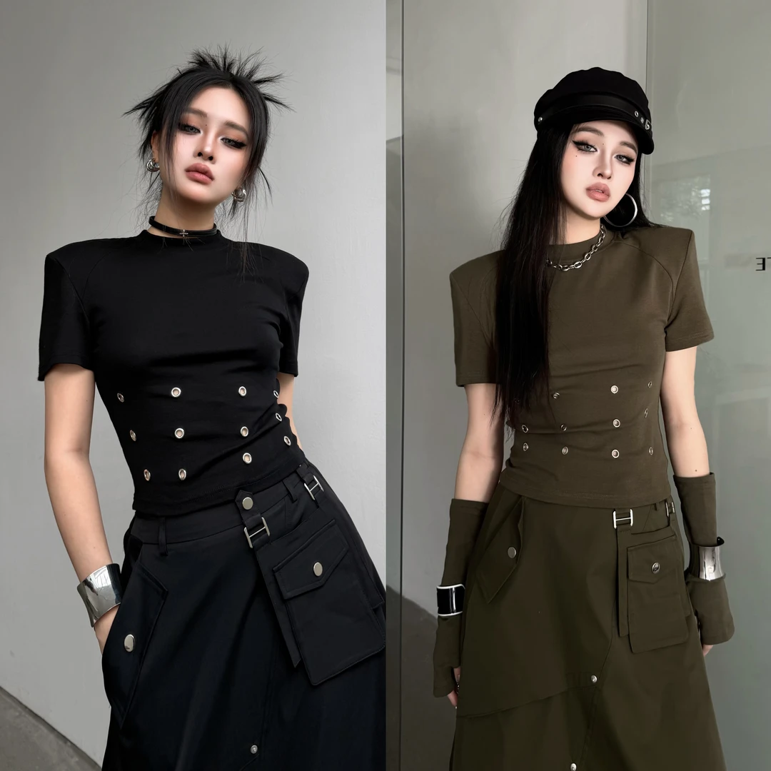 Blackgirl新款【坏蛋联盟】夏季辣妹风小众直角肩短袖显瘦纯色T恤