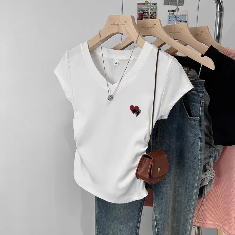 热卖简约白色V领正肩短袖t恤女2025夏季可外穿时髦气质百搭上衣