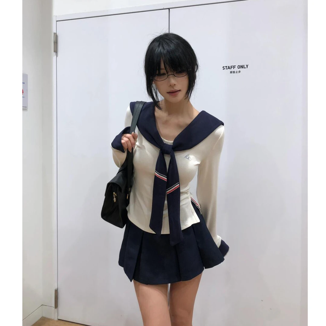 火星家jk制服【航海少女】海军领水手服修身t恤两件套设计上衣春夏