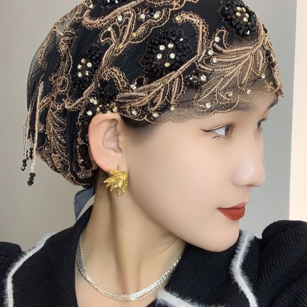 爆款夏季刺绣鱼尾超轻薄网红双层高档流苏帽手工蕾丝头巾包头洋气