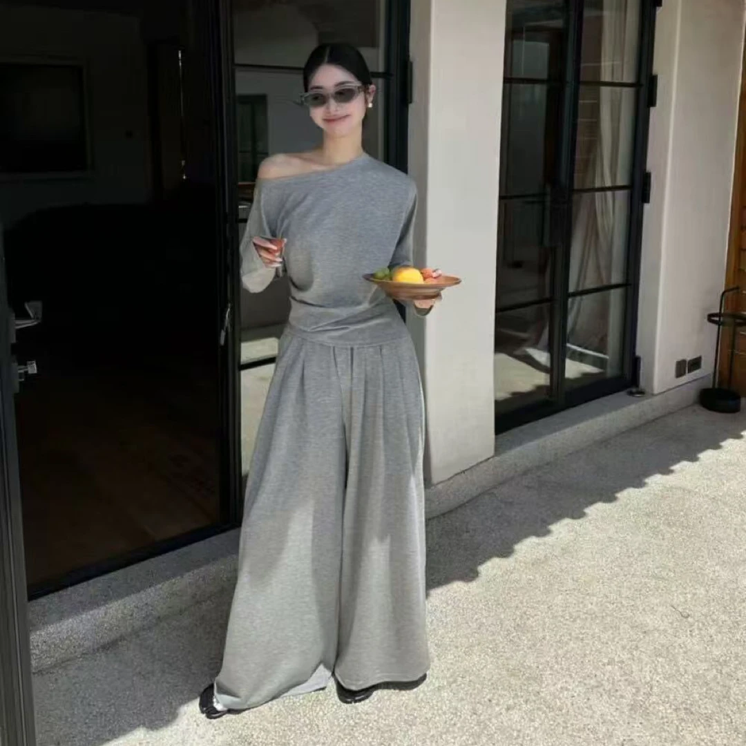 斜领休闲风短袖减龄修身型女短款洋气灰色韩版T恤