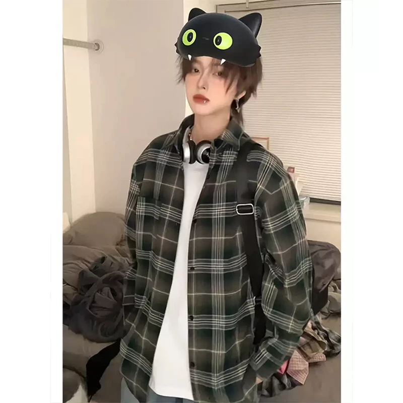 牛油果绿复古格子衬衫男潮牌vintage慵懒风衬衣美式情侣开衫外套