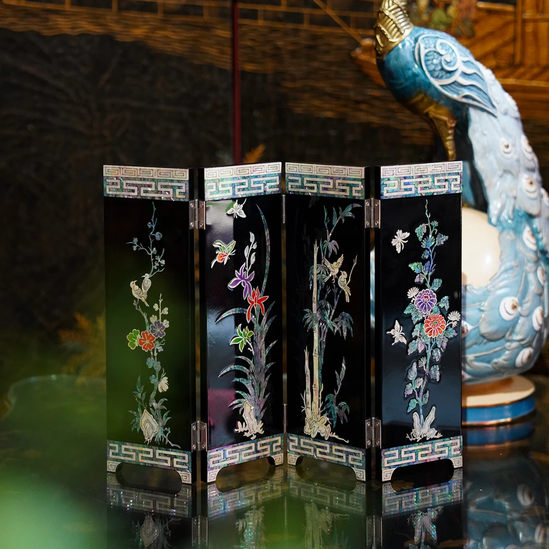 【本尼家】非遗螺钿漆器艺术品桌面屏风《梅兰竹菊》木质四折折屏