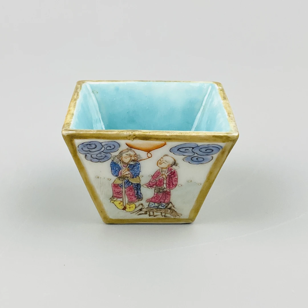 清道光粉彩八仙人物纹四方斗笠盏【古董拍卖】Y224LA1225047