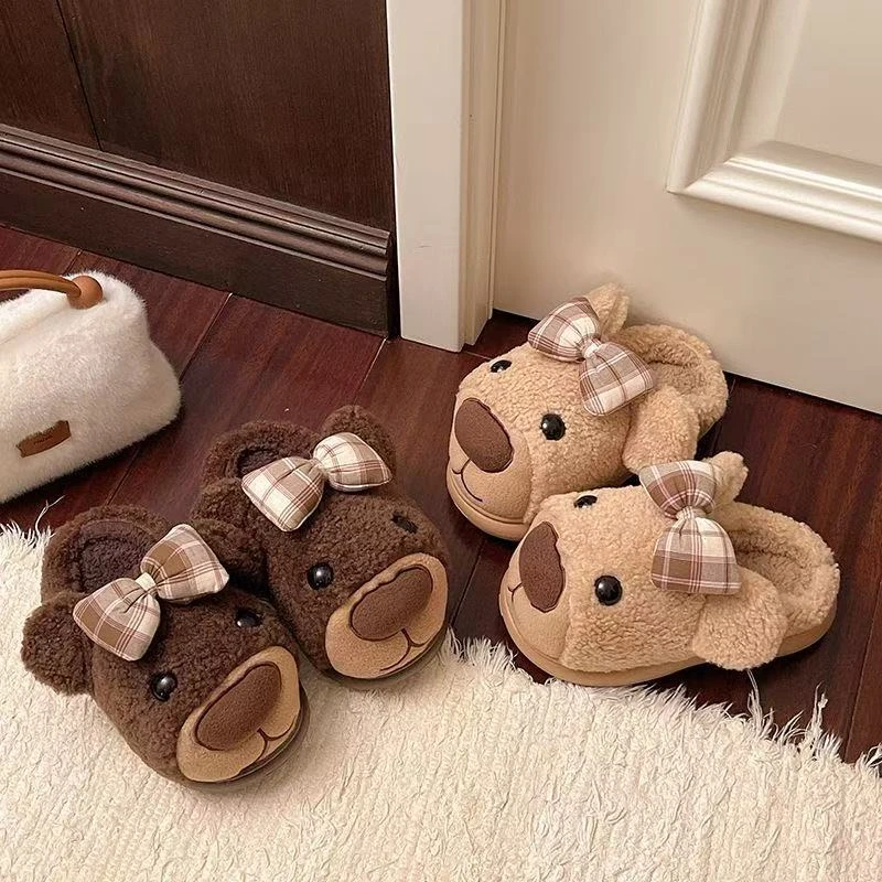 2517新款萌趣可爱小熊毛绒绒软底拖鞋