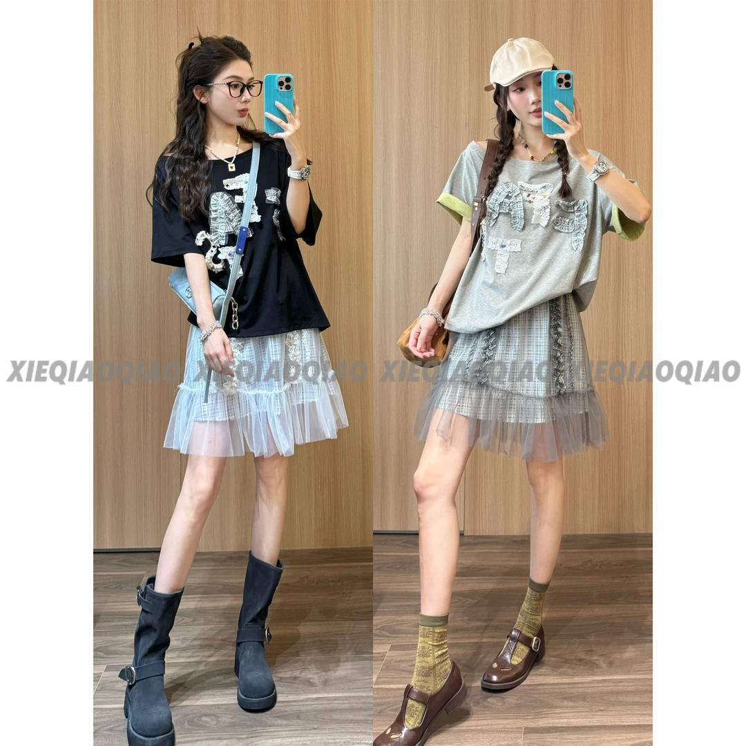 谢荞荞「夏日百利甜」夏薄款冰感棉手缝短袖+莱赛尔捏褶拼接网纱裙