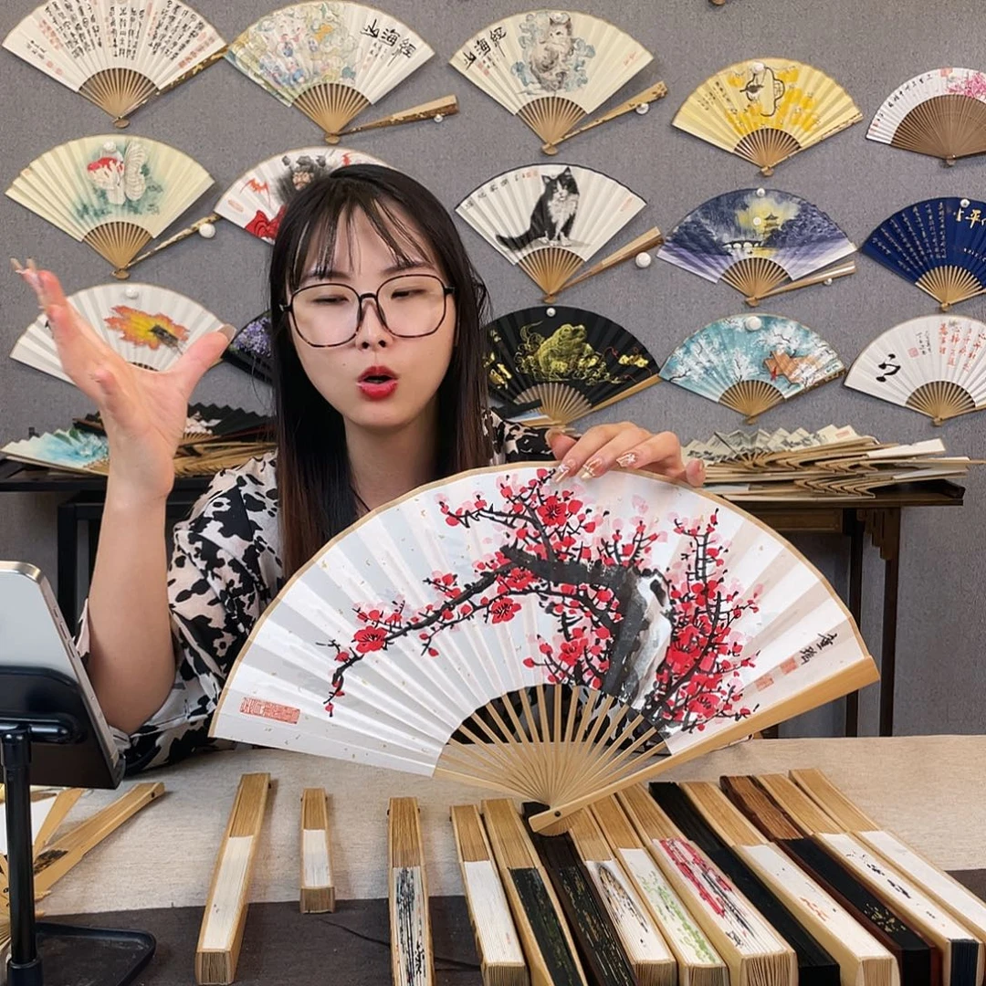 国画8寸玉竹-纯手绘-文玩扇骨（默认粘好