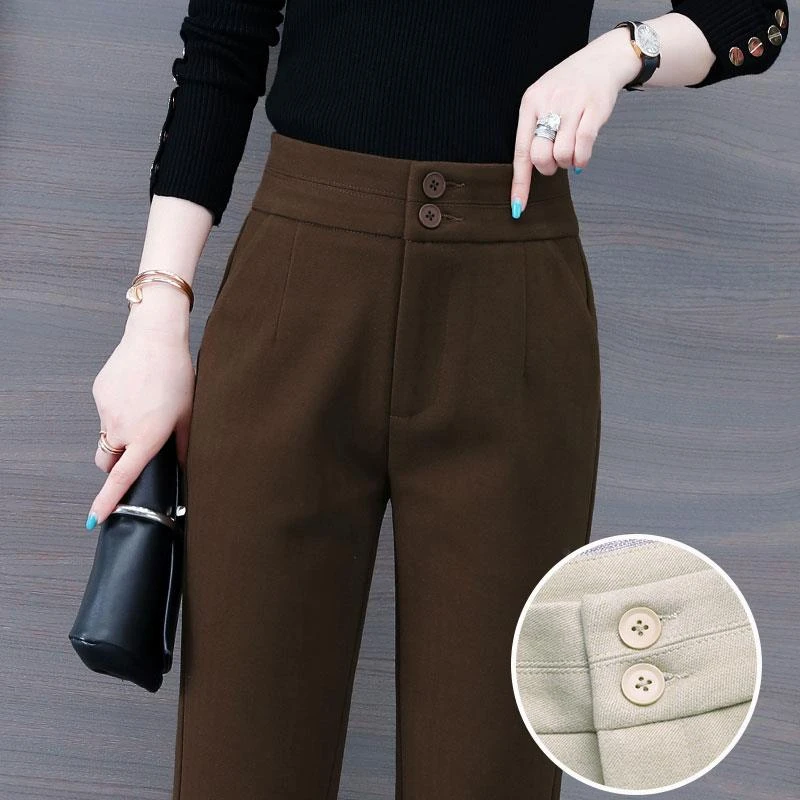 杜拉妮毛呢裤女秋冬2025新款加绒加厚休闲萝卜裤冬季咖色小脚烟管