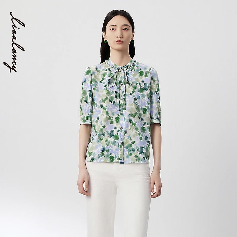 LANCY/朗姿秋季新款法式短袖印花立领衬衫女优雅气质飘带小衫