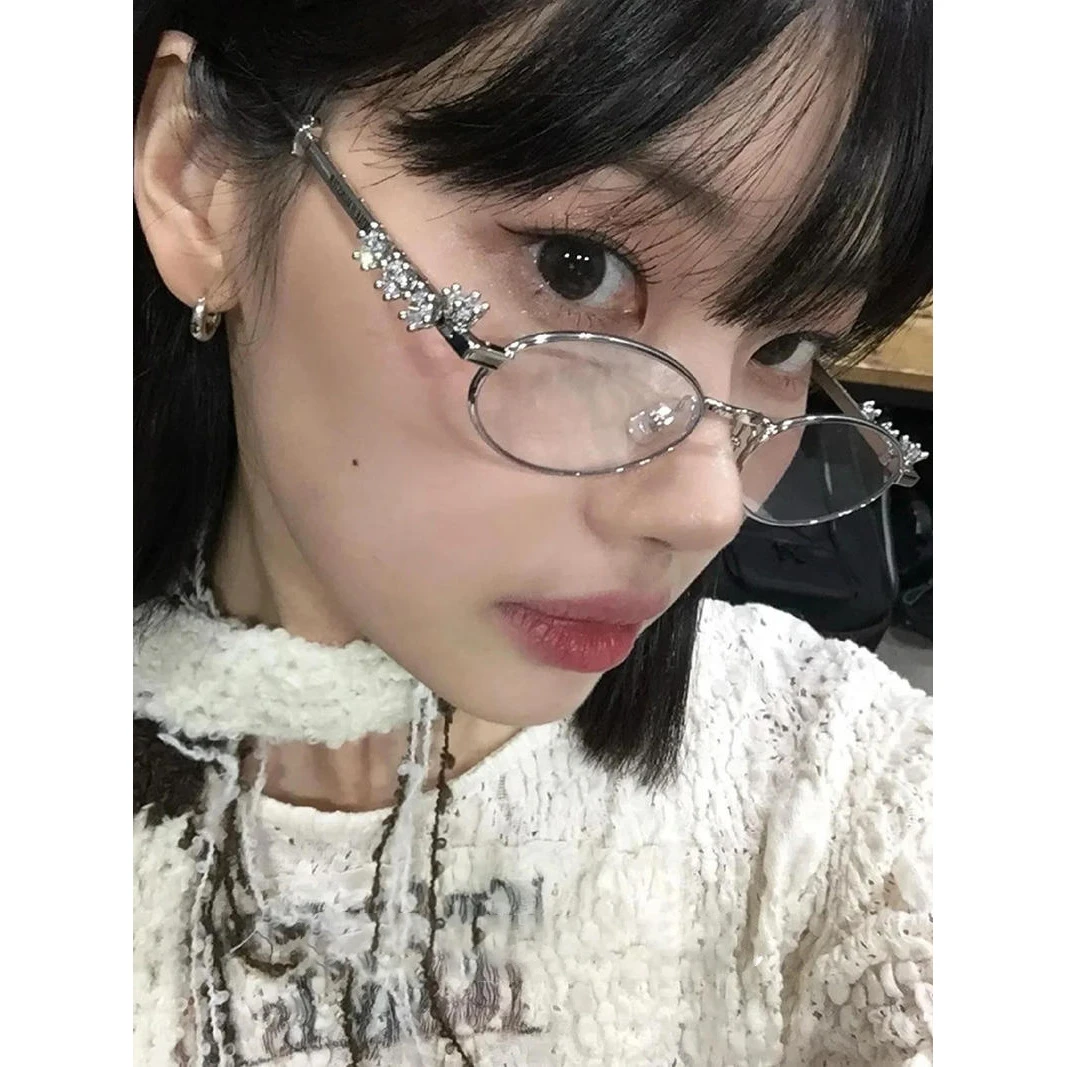 GM联名金属小框椭圆韩版镶钻眼镜架时髦凹造型街拍女款素颜近视镜