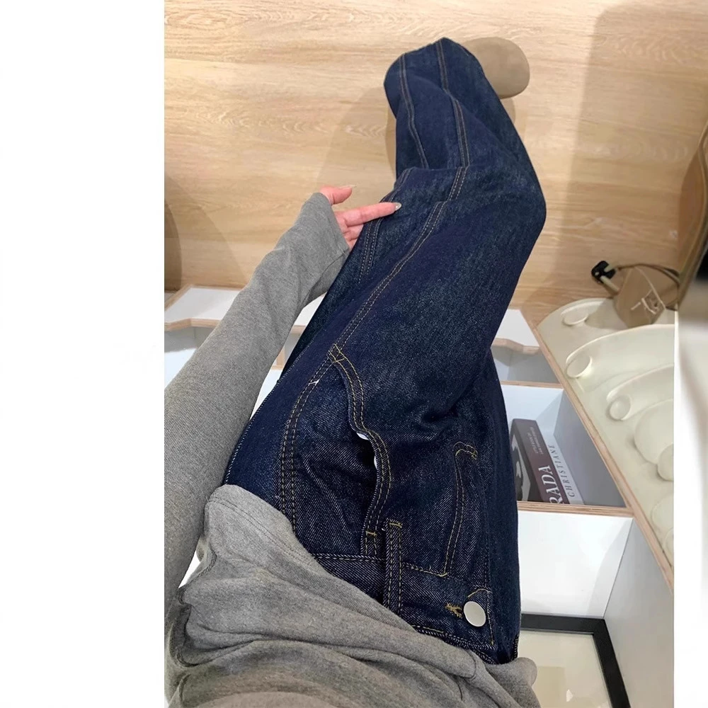 美式复古深蓝色直筒牛仔裤女2025春秋高腰宽松显瘦垂感阔腿拖地裤