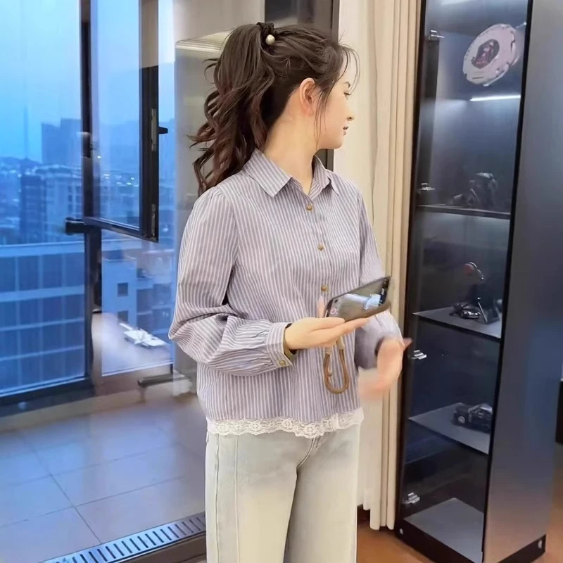小个子超好看蕾丝花边条纹衬衫女春装2025新款流行洋气减龄小衫