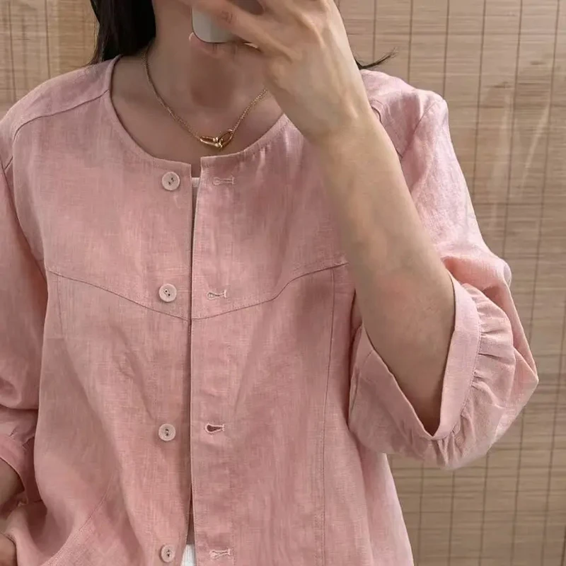 1319-圆领纯色轻薄透气外套女春夏季别致设计感休闲上衣