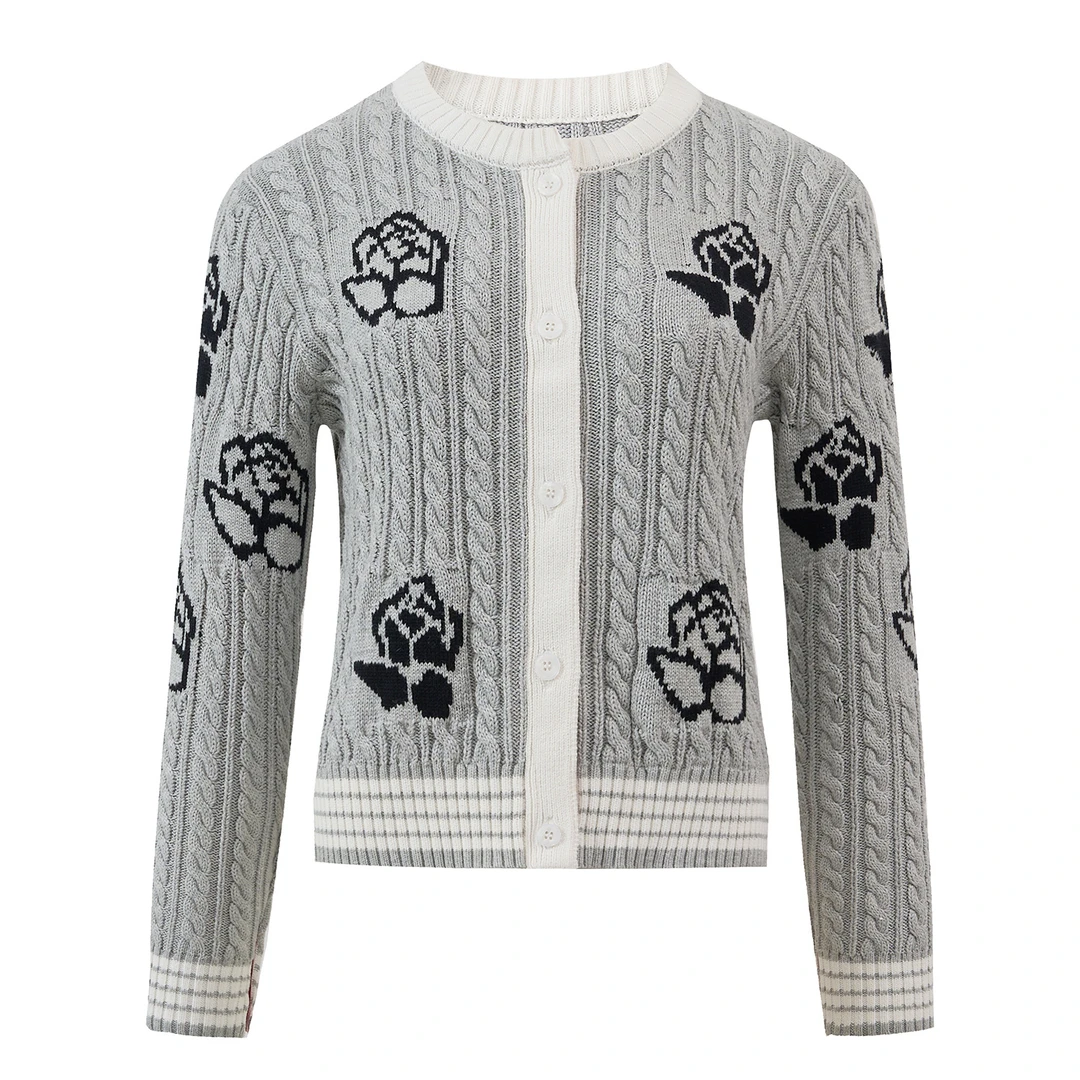 2025早春季设计感精致显瘦玫瑰开衫提花圆领针织衫麻花上衣女429