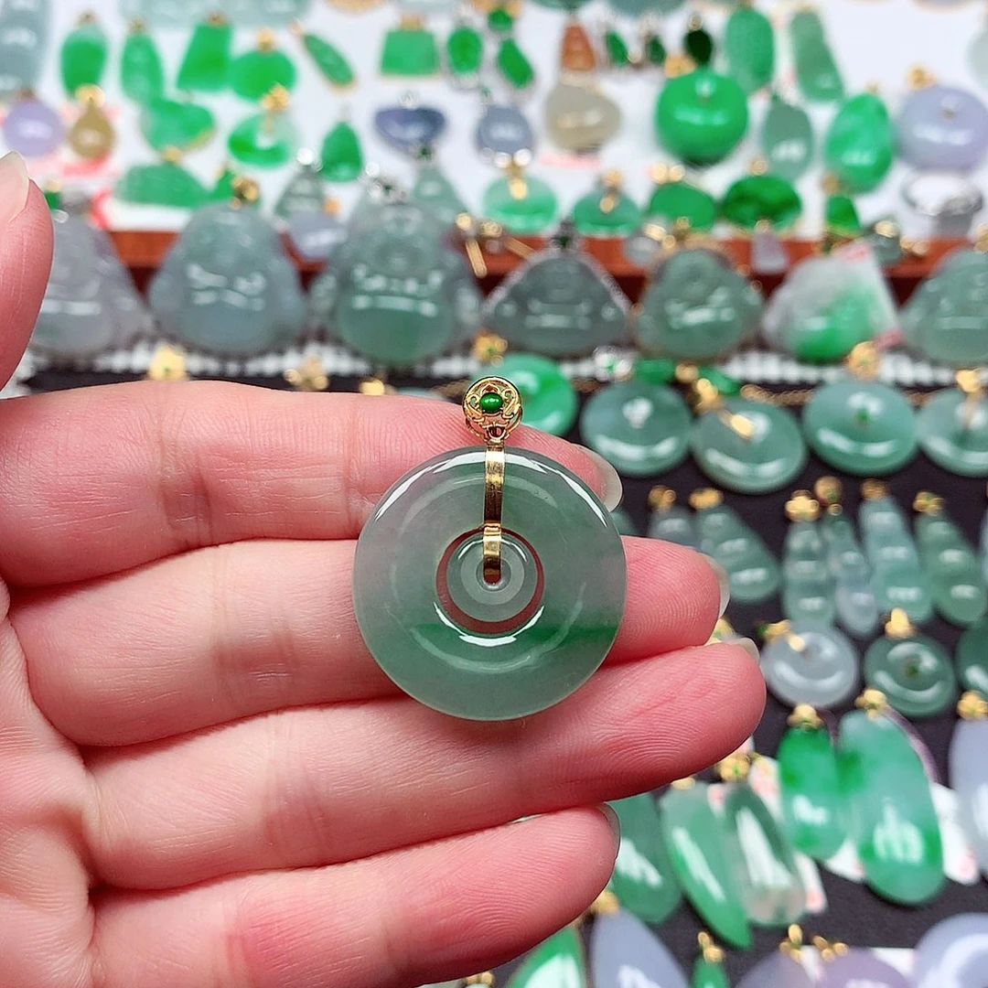 翡翠18K金镶嵌吊坠(不含链)天然翡翠A货