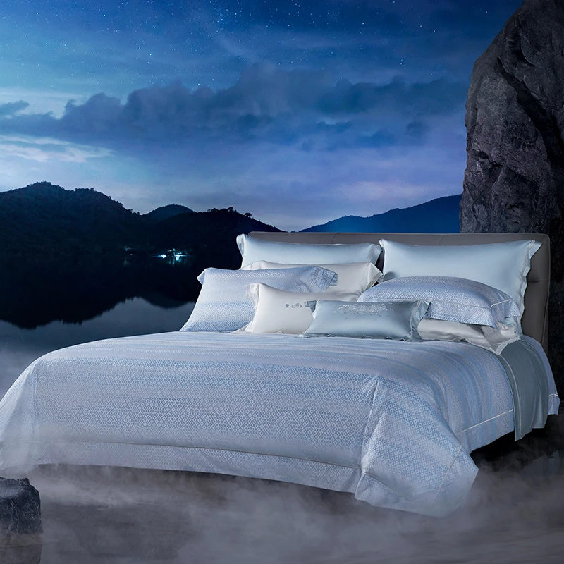 MINE/寐100支双股纱合捻埃及长绒棉色织提花五件套夏意清爽水蓝色