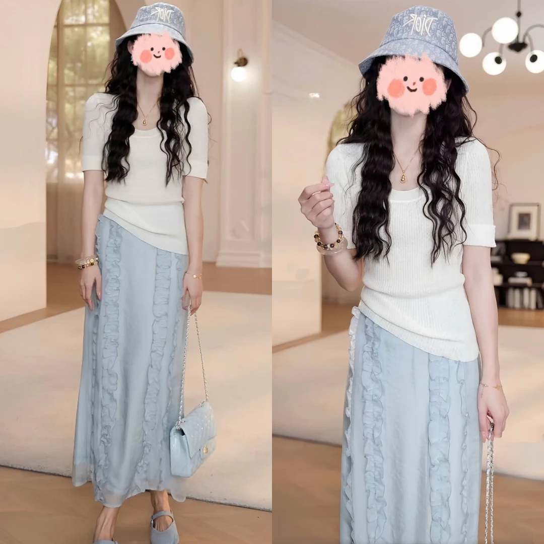 夏季时尚洋气简约大气针织短袖2025新款木耳边半身裙绝美两件套