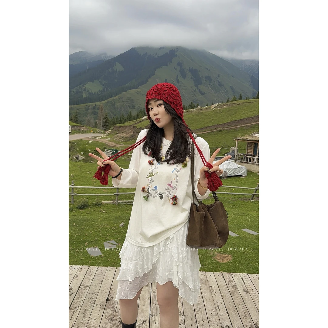 大婉酱微胖定制【彩色流苏T】趣味松弛感宽松轻薄长袖T恤上衣8850D