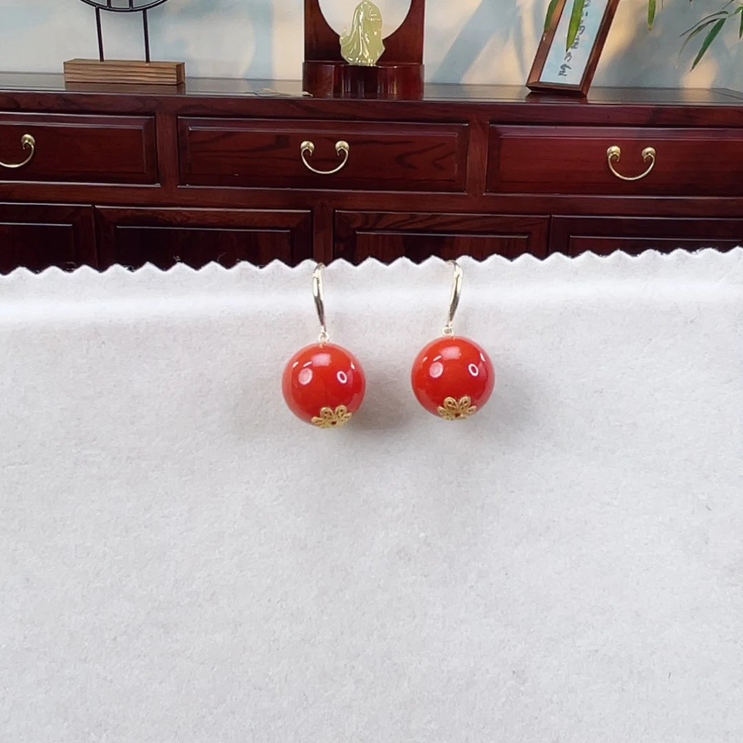 南红玛瑙耳饰18K金镶嵌南红