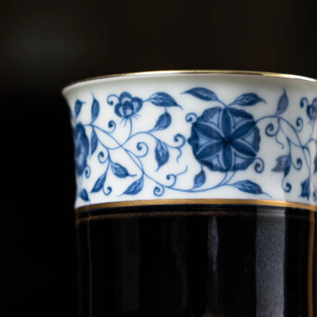 【YR】黑金描金（缠枝花卉牡丹）竹节杯