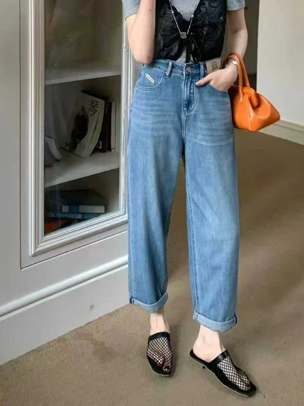 【萍姐】A3023欧版夏薄款卷边牛仔遮胯梨形身材哈伦裤