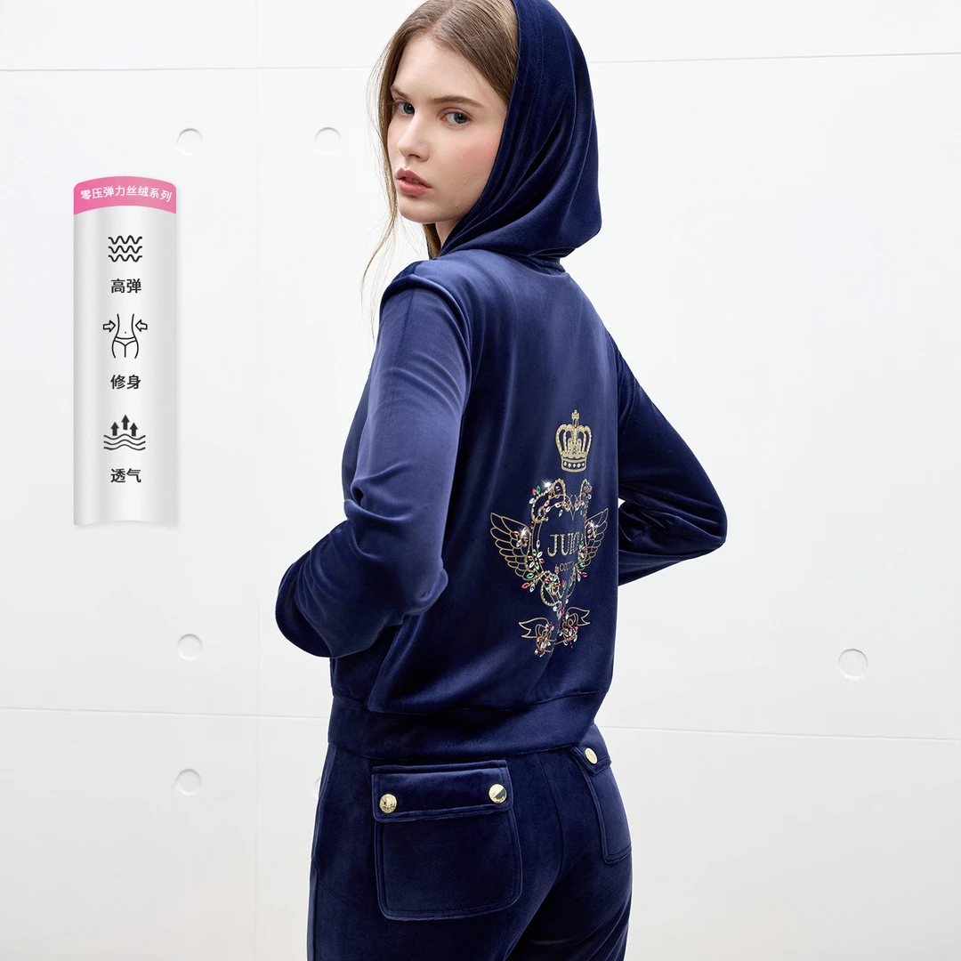 【Juicy Couture 30周年系列】橘滋25秋新款弹力天鹅绒烫钻连帽外套