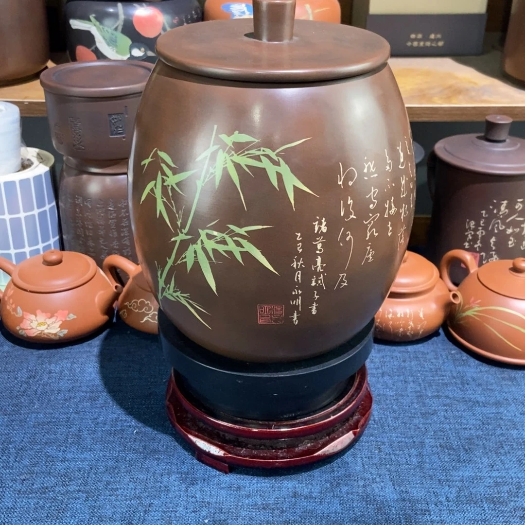 8建水紫陶手工精磨彩填醒茶罐