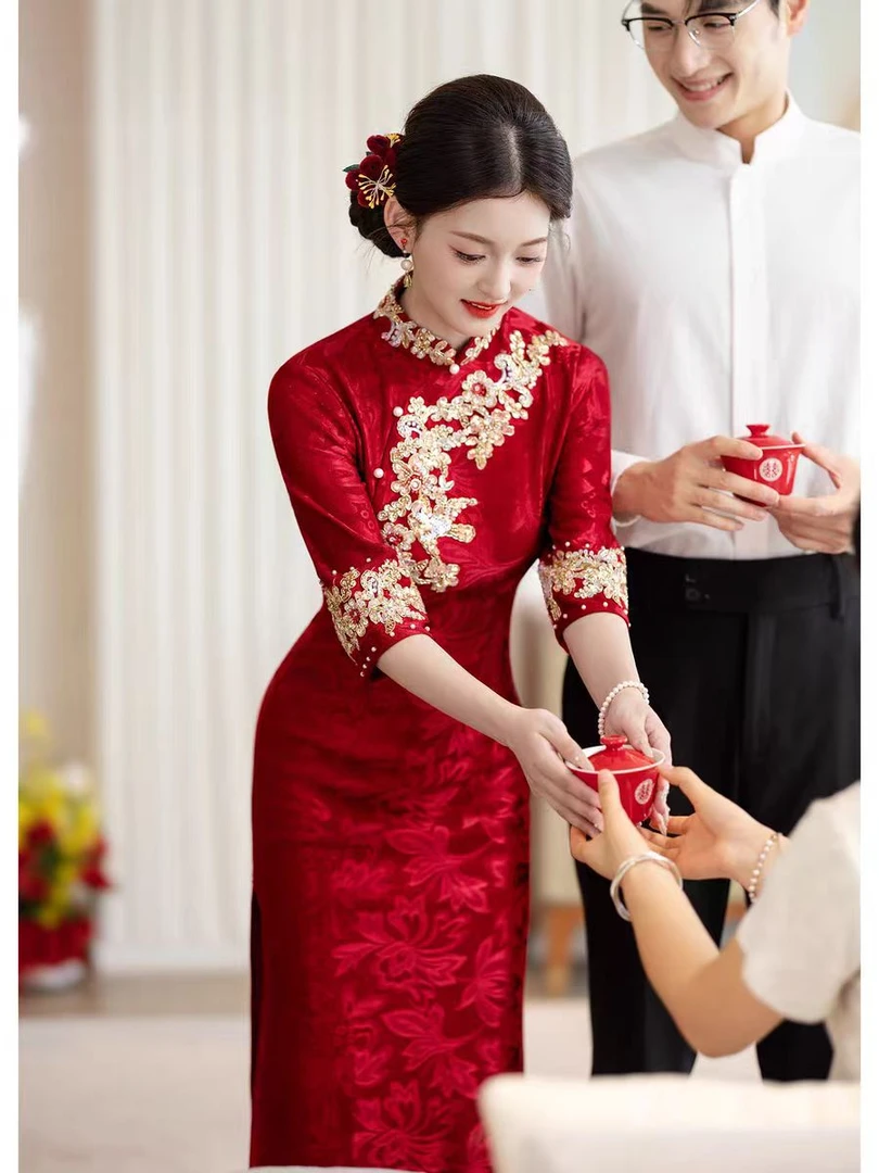中袖婚礼敬酒服气质显瘦中国风旗袍连衣裙