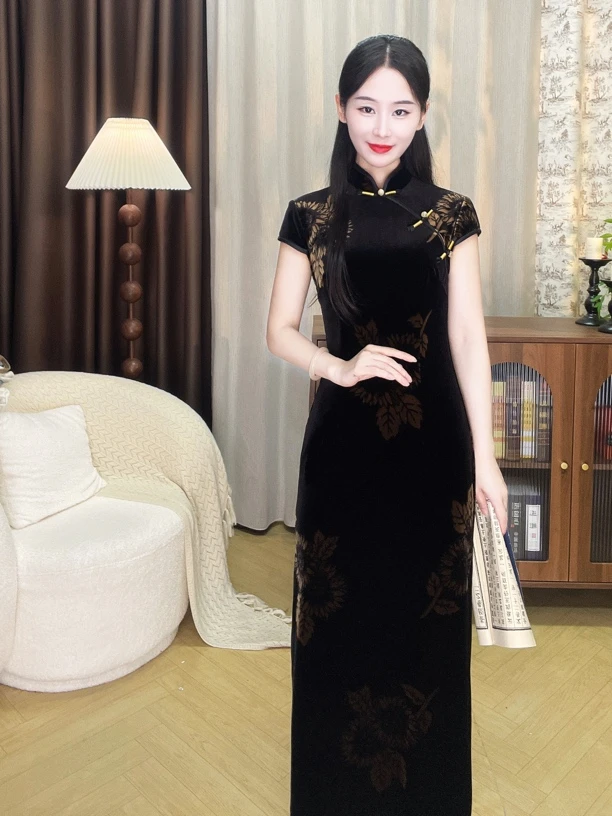【心懂旗袍-浮光诗意】深色黑金高端轻奢长款显瘦日常旗袍