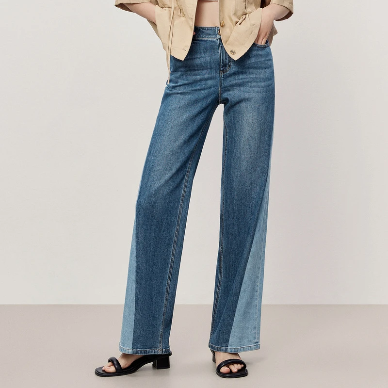 HPLY荷比俪夏季新款女休闲拼色阔腿复古宽松牛仔裤HYD23420073