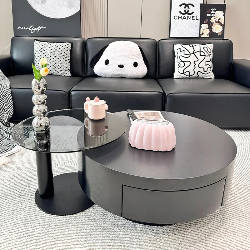 2024新款茶几客厅家用轻奢高级感意式极简圆形不锈钢黑色岩板边几