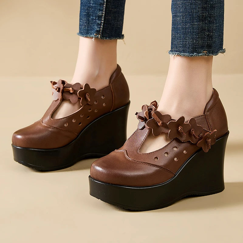 嫔妃丽人头层牛皮民族风超高跟花朵手工鞋圆头坡跟中老鞋妈妈单鞋