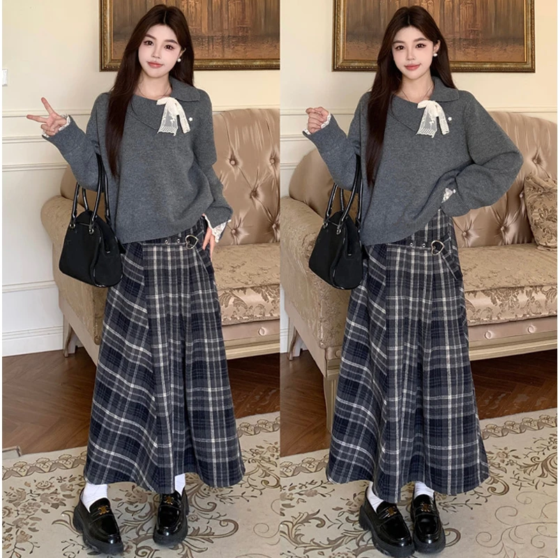 大码胖mm秋季韩版新款韩系慵懒假两件针织衫高腰半裙两件套装女