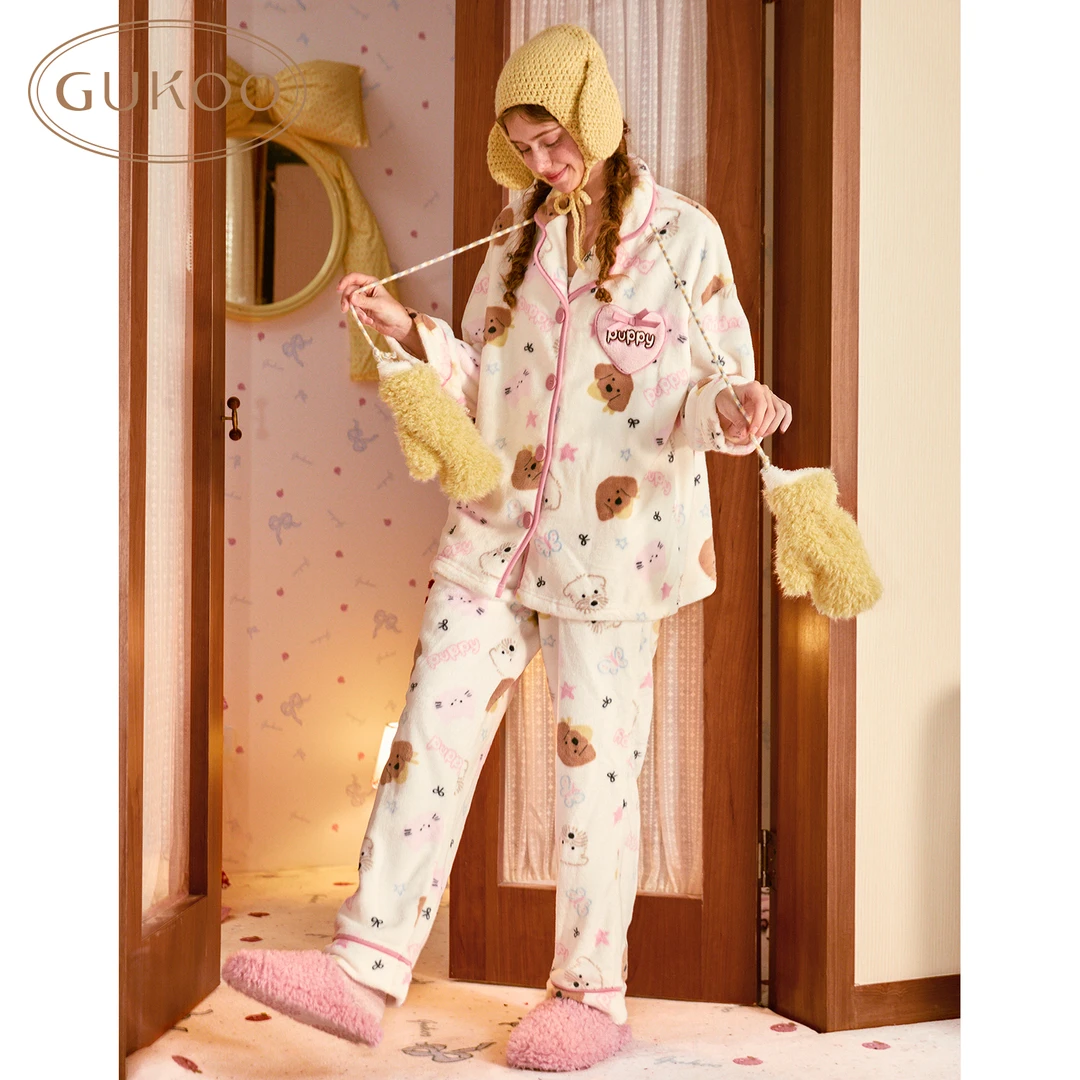 【Gukoo果壳】新款秋冬牛奶绒保暖睡衣加厚亲肤甜美女士家居服套装