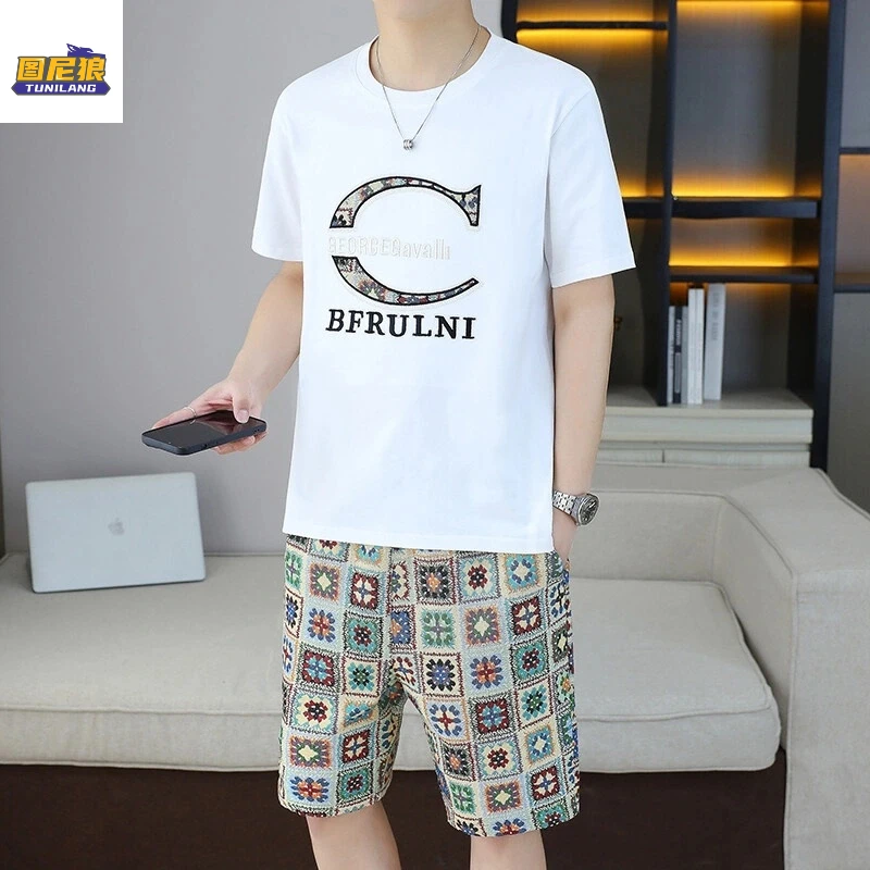图尼狼新款夏季欧货时尚休闲套装男士潮流时尚刺绣印花圆领两件套