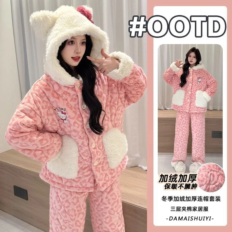 睡衣女款2025冬季海岛绒珊瑚绒三层夹棉加绒加厚家居服外穿套装女