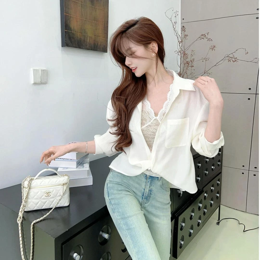 2025春季白色新款蕾丝两件长袖简约上衣高级西装拼接宽松衬衫女