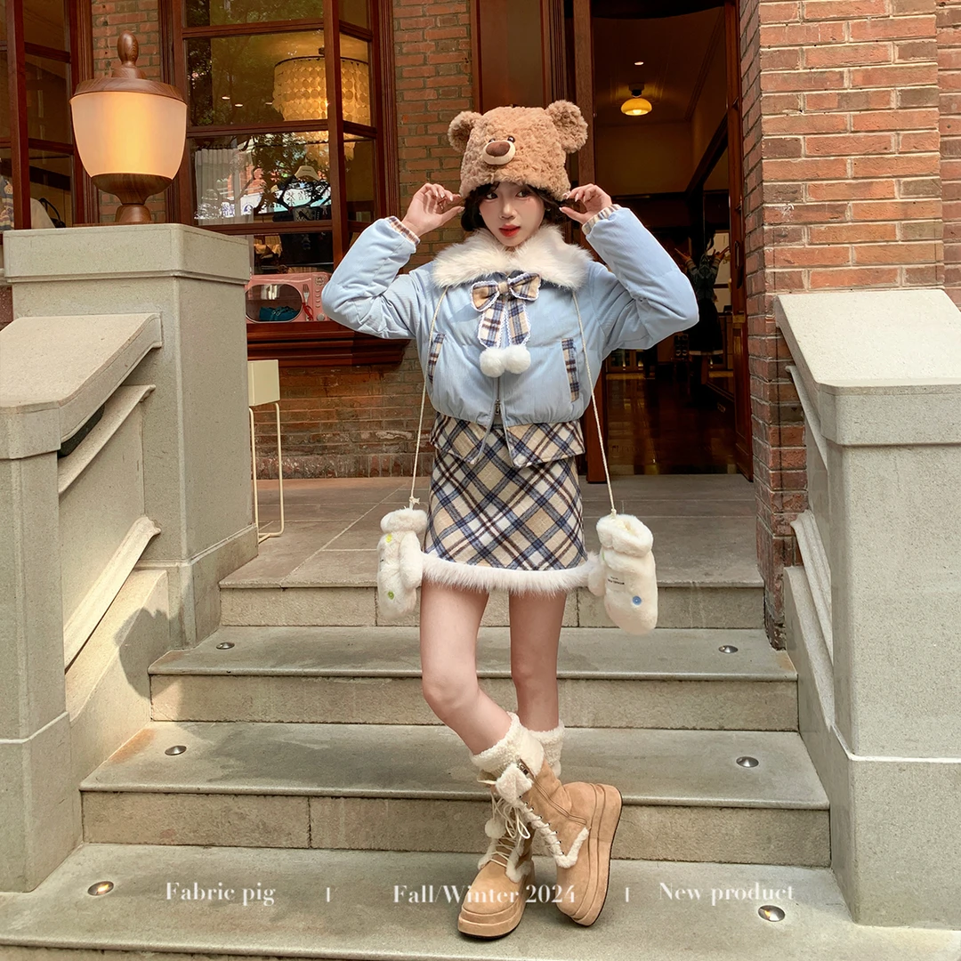 初雪日记 织物猪原创 冬季复古加厚显瘦甜美格纹保暖棉服短裙