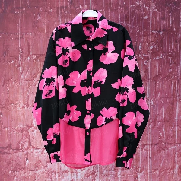 【韩哥女装】夏季玫红色水印拼接网纱廓形防晒衬衫9253