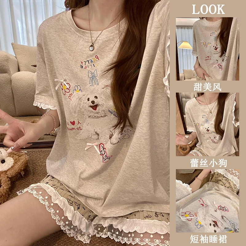 睡衣女夏季新款甜美风小狗印花圆领花边韩版可外穿短袖家居服套装