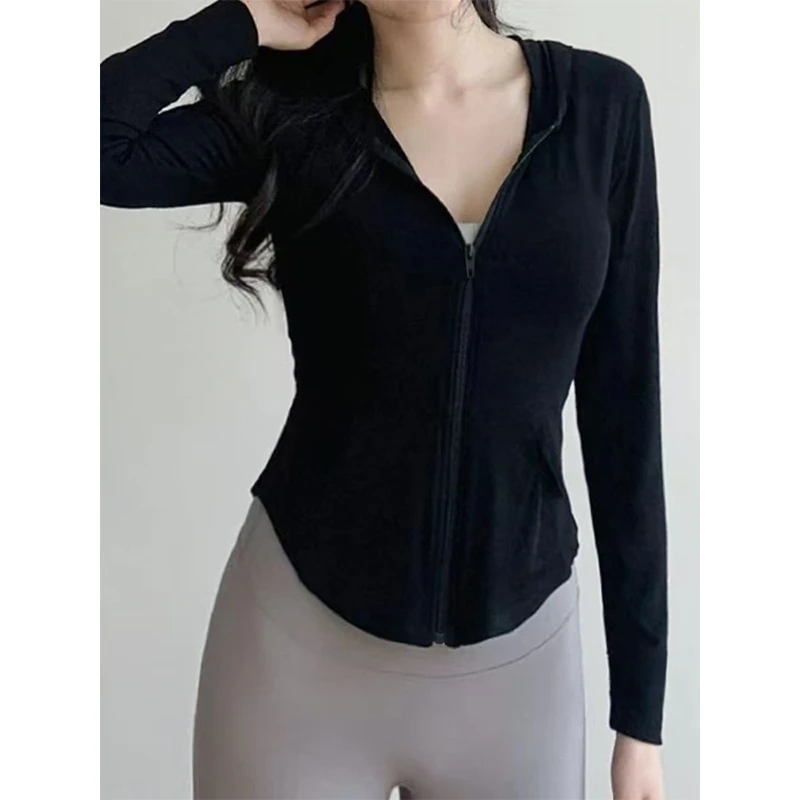 韩版大码女装长袖日常瑜伽服连帽显瘦大方纯色单穿内搭小开衫上衣