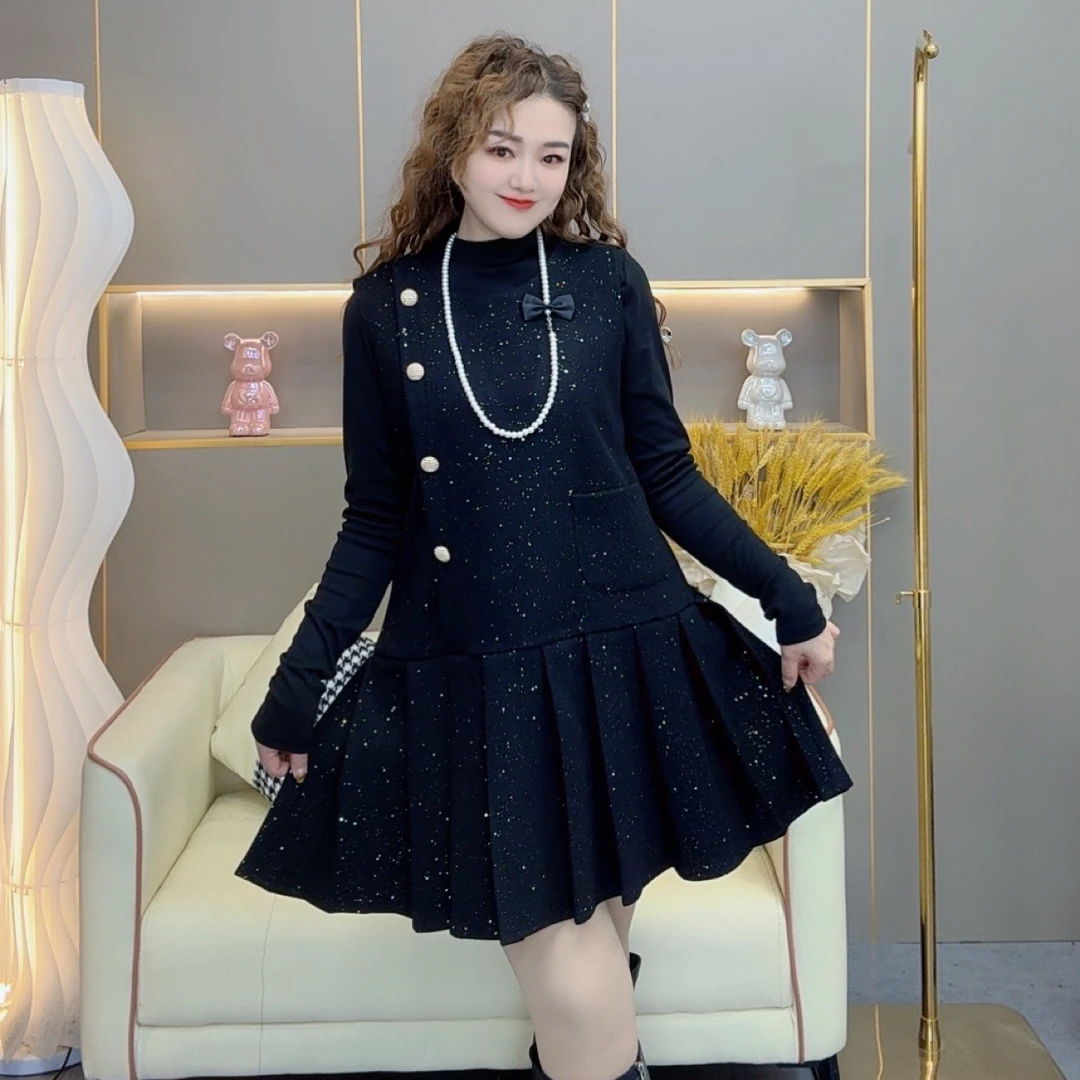 5283 胖妹妹星空呢气质蝴蝶结马甲连衣裙两件套两面服洋气显瘦