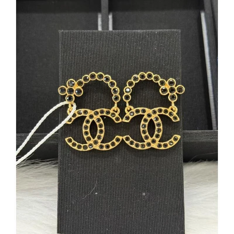 95新 Chanel/香奈儿  黑色水钻双C耳钉  12747838